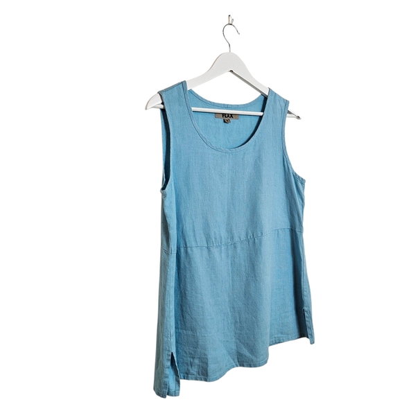 Flax Tops - FLAX Linen Blue Sleeveless Tunic Size S Relaxed Minimalist Coastal Chic Top